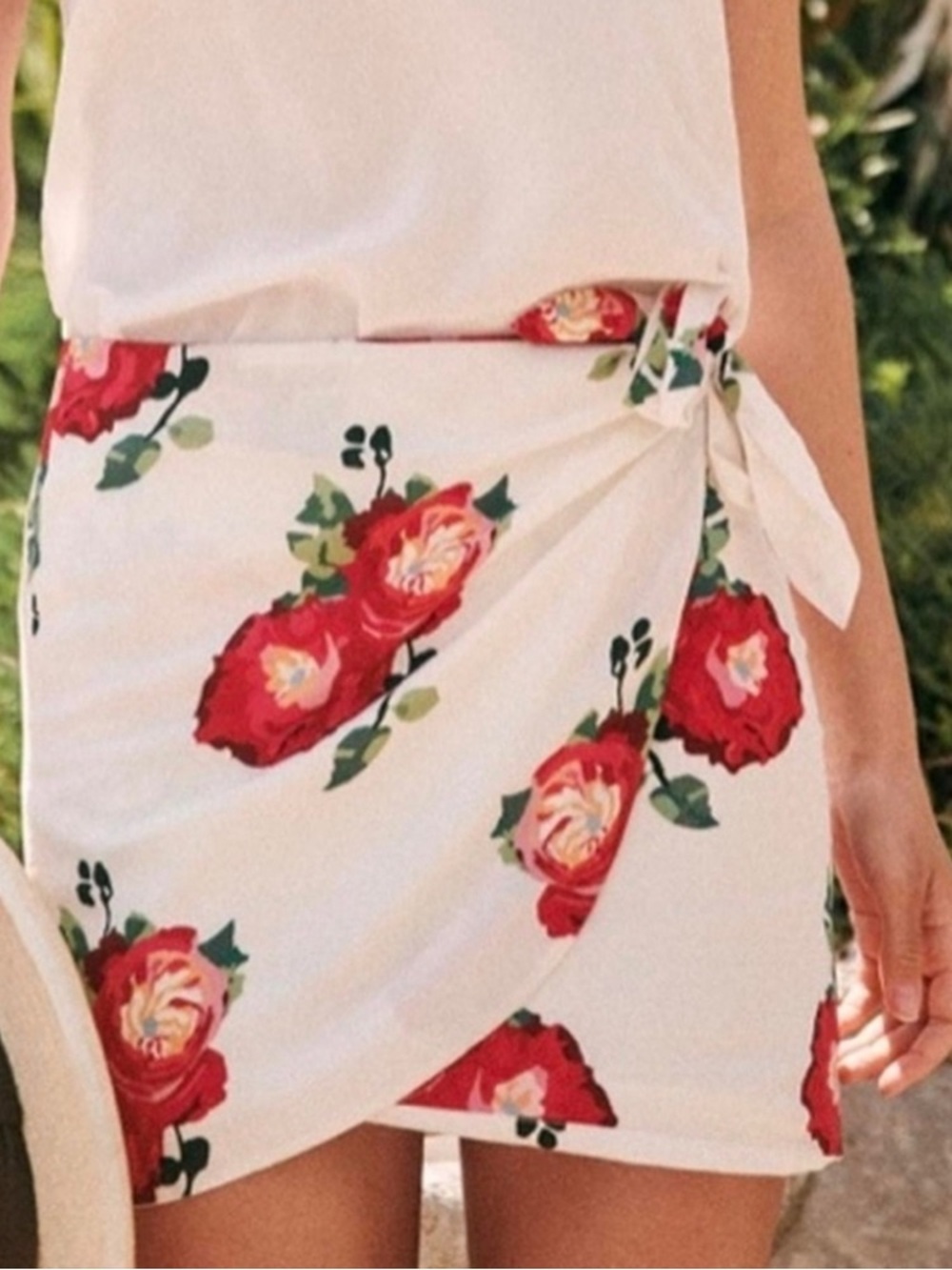 Sezane White Wrap Mini Skirt with Red Rose Print